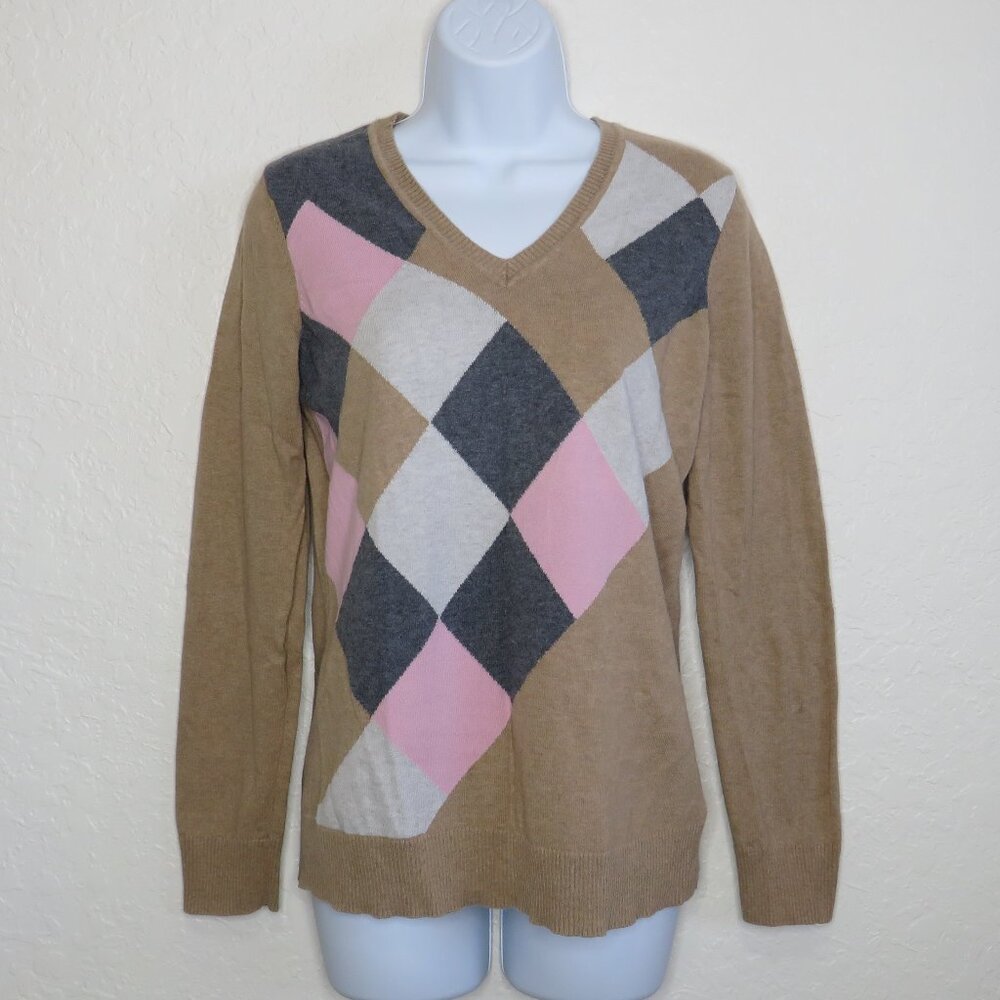 Van Heusen* Women's Long‎ Sleeve V-Neck Straight Hem Argyle Pastel Sweater~ S/P